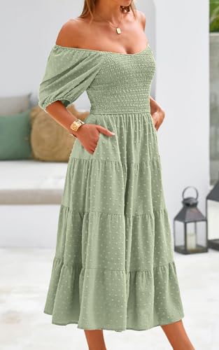 PRETTYGARDEN Women's Spring Dresses 2025 Puff Sleeve V Neck Swiss Dot High Waist Chiffon Dress Tiered Smocked Maxi Dresses4