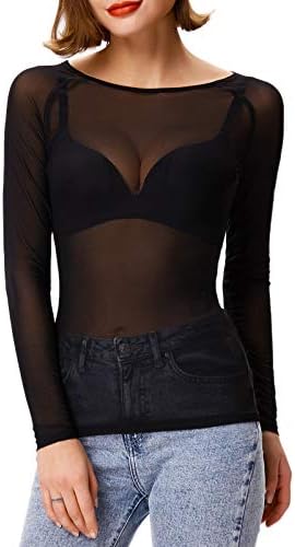 GRACE KARIN Women's Long Sleeve Mesh Sheer Crop Top Blouse Size S Black CL046-1