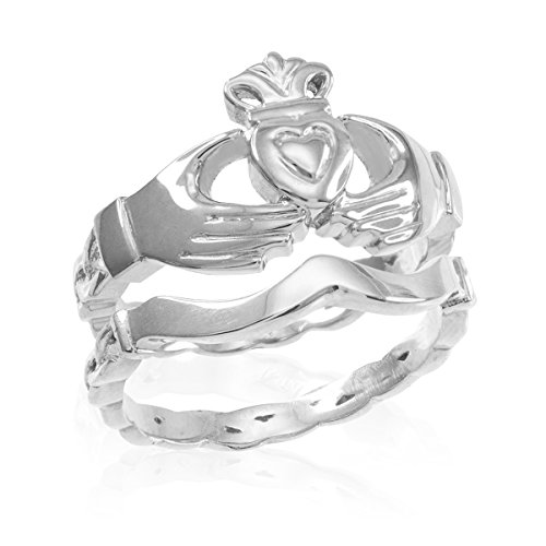 High Polish 925 Sterling Silver Two-Piece Claddagh Engagement and Wedding Ring Set
