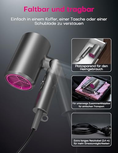 Faltbar Ionen Föhn 1800W mit Diffuser fur Männer und Frauen, (Grau) – Ansicht 3