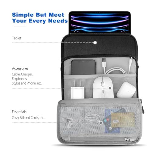 Dadanism 9-11 Inch Tablet Sleeve Shoulder Bag for iPad 9/8/7th 10.2,iPad Pro 11 M2 2022,iPad Air 5/4 10.9,iPad 10th 10.9, Galaxy Tab A8/S9/S8/S7, Tablet Carrying Case with Storage Pockets,Black&Gray - Image 3