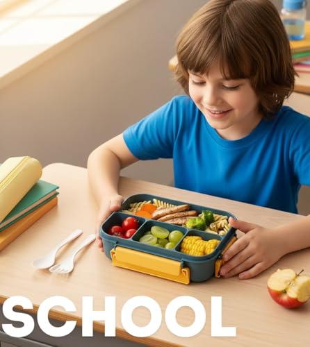Cilox Bento Lunch Box for Kids with 4 Compartments 1300 ml (44 OZ), Utensils and Leak-Proof Lid, Microwave and Dishwasher Safe, Bento Box Adult Blue and Yellow - image 3