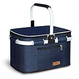 LIQING 35L Large Picnic Basket 2 Layers of Internal Pockets Leak-Proof and Insulated ，Folding with Internal Support for enhansed Stability, Wedding Gifts for Couple(Navy Blue)