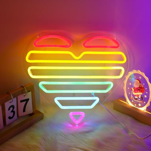 Image of ENUOLI Acrylic Heart Neon Sign Rainbow Heart Neon LED Light for Wall Decor | USB Powered Dimmable Decor Lamp,Rainbow Heart LED Night Light for Valentine's Day,Wedding,Birthday,Party,Club,Lover Gift