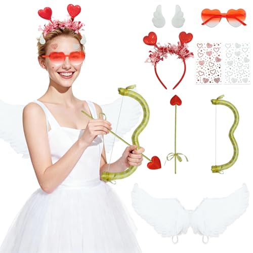 SPORTBANG 7 Pcs Cupid Costume Set for Women Valentines Day Angel Accessories with Wings Bow Arrow Headband Hairpin Sunglasses (White)
