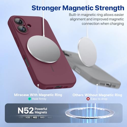 Image of Miracase Magnetic for iPhone 16 Plus Case, [Soft Anti-Scratch Microfiber Lining], Compatible with MagSafe, Liquid Silicone Shockproof Drop Protection Phone Case for 16 Plus,Wine Red