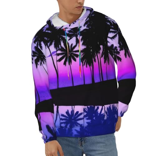 Mens Hoodie Pullover Casual Long Sleeve Drawstring Top Palm Tree Purple Sunset Print Hooded Sweatshirt With Pocket2