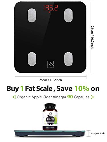 FITINDEX Bluetooth Body Fat Scale, Smart Wireless BMI Bathroom Weight Scale Body Composition Monitor Health Analyzer with Smartphone App for Body Weight, Fat, Water, BMI, BMR, Muscle Mass - Black