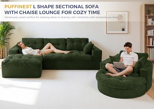 Image of MAXYOYO L Shape Sectional Sofa Couch and Round Chaise Lounge, Modern Cloud Couch with Ottoman, Comfy Sofa with Layered Cushion, Tufted Upholstered Sleeper Chair for Living Room, No Assembly Required