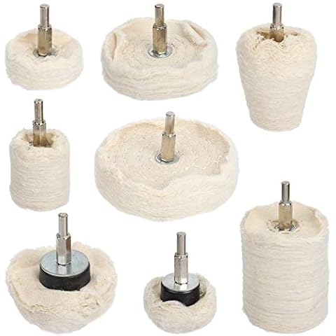 Hyber&Cara Polishing Wheel, 8 Pcs Cotton Buffing Wheel Pad Mop for Metal Aluminum/Steel/Chrome/Alloy Wood Plastic Glass Ceramic, Cone/Column/Dome/Disc Drill Buffer Attachment with 1/4" Shank Cover