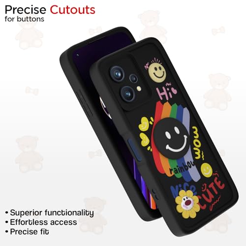 Image of Pikkme Back Cover for Realme 9 4G / Realme 9 Pro Plus 5G | Soft Silicone| Cute Rainbow Smile & 3D Cartoon Flower Design | Shockproof Raised Camera Protection Bumper Case (Black)
