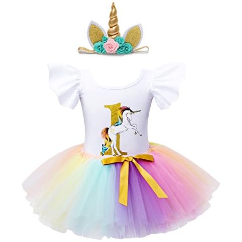 Edjude Baby Girl's Dress Rainbow Unicorn Tutu Skirt 1st Birthday Outfit Romper Tulle Tutu Dress Princess Dance Party with Headband 1 Year Cover