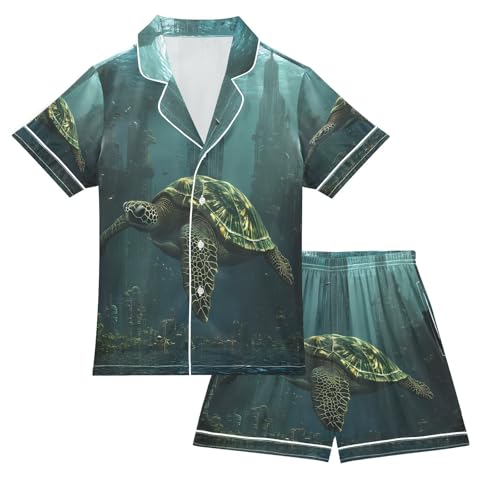 ALAZA Green Turtle Cityscape Satin Pajamas Set Short Sleeve Button Down Sleepwear Summer Pjs 2 Piece