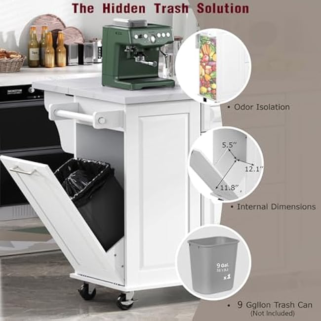 Kitchen Island with Tilt Trash Can Compartment Pull Out Double Tier Organizer Drop Leaf Design 2 Drawers 1 Cupboard Rolling Cart on 5 Wheels Lockable Brakes CARB Certified MDF Construction (White)-Dsn7U8Yd