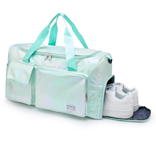 Image of BEULPTN Small Gym Bag for Women, Travel Duffel Bag Carry On Weekender Bag with Shoe Compartment, Z6#Green Shinny
