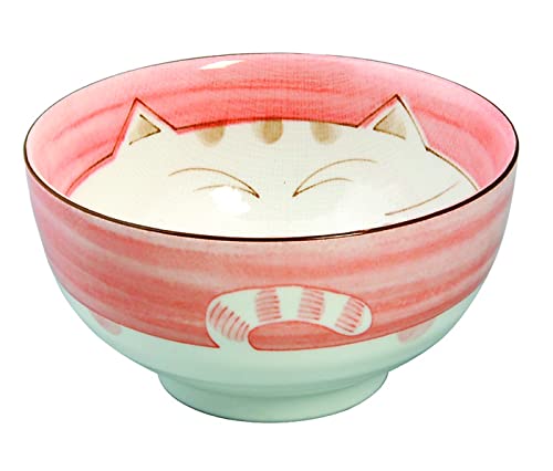 JapanBargain 2484, Large Japanese Porcelain Soup Bowl for Dinner Lunch Rice Poke Donburi Udon Ramen Noodle Pasta Cereal Maneki Neko Smiling Lucky Cat Bowl for Cat Lovers Made in Japan, 6.25-inch, Pink