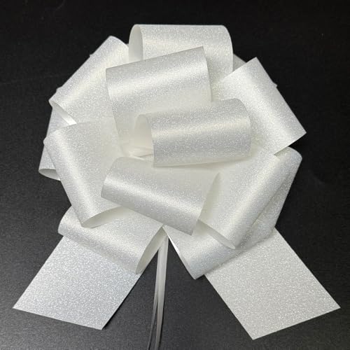 6-Pcs Glitter Pull Bows for Gift Wrapping, 6 Inch Large Gift Bow,Glitter Ribbon Decoration for Flower Bouquets and Basket, for Birthday Presents, Anniversary, Wedding (White)