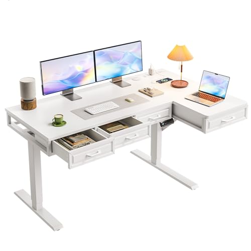 OffiGo L Shaped Electric Standing Desk with Wooden Drawers, 55 Inch Height Adjustable Corner Workstation with Power Outlets, Sit Stand Table for Home, Office, White