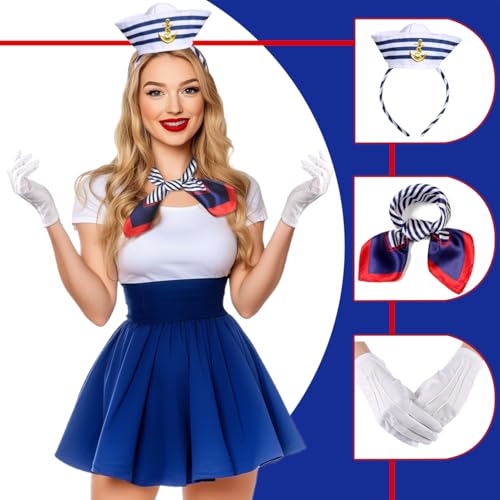 iZoeL Karneval Matrosen kostüm Damen, Matrosen Haarreif mit mütze Matrosen Schal weiße Handschuhe Blaue Streifen Tasche Karneval kostüm...