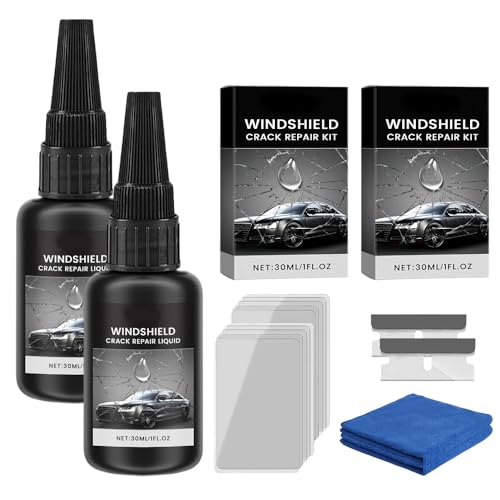 Windshield Crack Repair Kit, 2026 New Advanced Formula Quick Fix with 30ml Glass Repair Liquid 1 Towel 1 Blade 5 Curing Films, Universal Cracks Gone Glass Repair Kit (2 Pack)