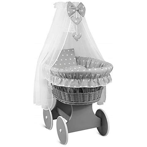 BABYMAM Wicker Wheel Stand Moses Basket with Bedding Cover