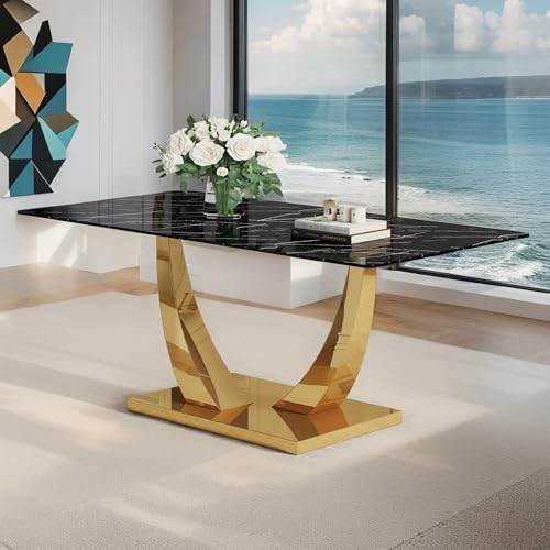 BAOPIN 63" Faux Marble Dining Table, Black Luxury Dining Room