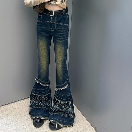 Kids Girl 𝗩intage Flared Jeans Elastic Waist Baggy Denim Pants Streetwear 𝗬2K 𝗥aw 𝗛em Trousers with Pocket2