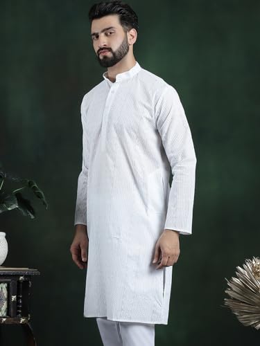 Image of SOJANYA (Since 1958 Men's Pure Cotton Checked Embroidered Long Kurta | Traditional for Diwali Celebrations