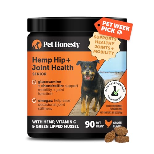 Senior Hemp Hip and Joint Supplement for Dogs - Glucosamine Chondroitin, MSM & Green Lipped Mussel - Relief for Joint Stiffness, Advanced Strength Mobility Support for Senior Dogs (Chicken, 90 Ct)