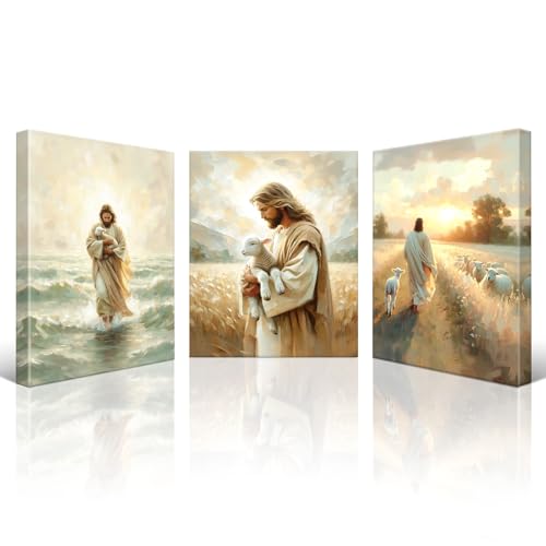 Artscope 3 Piezas Religioso Lienzos Decorativos - Jesús Guarda al Cordero Patrón Estilo Pintura Cuadro Pared Lienzo para Salon Décor Dormitorio Oficina Pasillo Cocina Baño Regalo 30x40cm