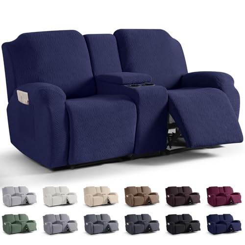 Image of KinCam Loveseat Recliner Covers with Middle Console Slipcover, Recliner Sofa Covers 2 Seat Couch Cover Stripe Jacquard Furniture Protector Covers with Elastic Bottom for Kids, Pets (Dark Blue)