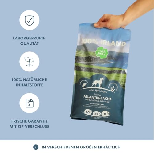 Irish Pure Hypoallergenes Trockenfutter Adult | 12kg | Atlantik-Lachs mit Kelp-Alge & Gemüse | Hoher Fleischanteil | Getreidefrei | Sensitiv | Hundetrockenfutter | Für alle Rassen