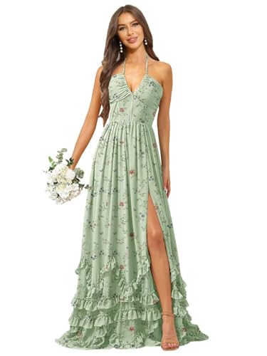 Halter Ruffles Bridesmaid Dresses for Women Corset V-Neck Long Chiffon Formal Evening Gown