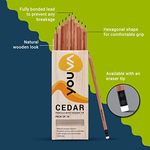 YOUVA Navneet Cedar Pencil with Eraser Tip for Students and Professionals | Writing Pencil | Pack of 10