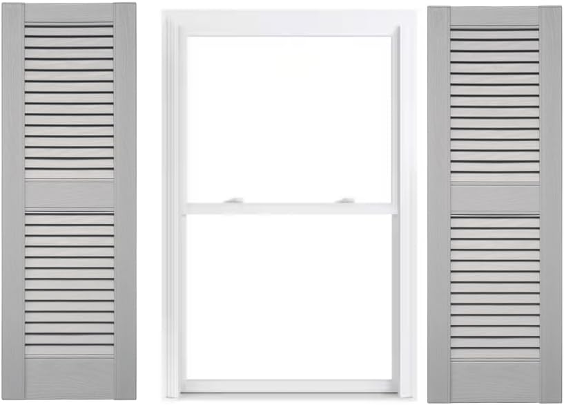 Duralok Vinyl Exterior Shutters | One Pair | Louvered 50/50 Split Straight Top Exterior Window Shutters | 16.5" x 64" | Primed/Paintable | Simple Installation + Hardware Included | Made in The US