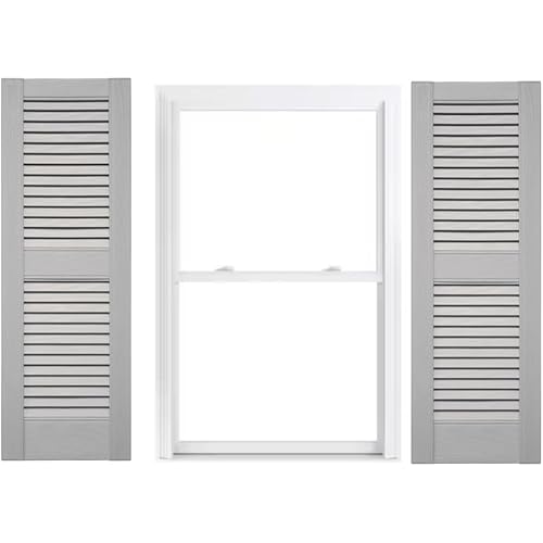Duralok Vinyl Exterior Shutters | One Pair | Louvered 50/50 Split Straight Top Exterior Window Shutters | 18" x 55" | Primed/Paintable | Simple Installation + Hardware Included | Made in The US
