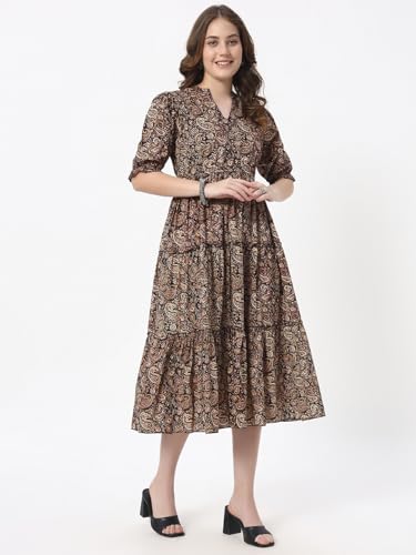 Image of Women's Fit and Flare Dress I Pure Cotton Long Summer Maxi Dress I V-Neck I Casual Wear I Printed Kalamkari Floral Middi