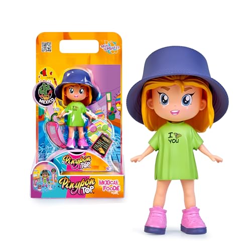 Pinypon TOP Mexican Foodie Girl, Chica TOP con Temática Mexicana, Figura Articulada de Brazos y Piernas, Doble Cara y Ropa y Zapatos Intercambiables, Sobre con Accesorios, +4 años, Famosa (PNN01100)