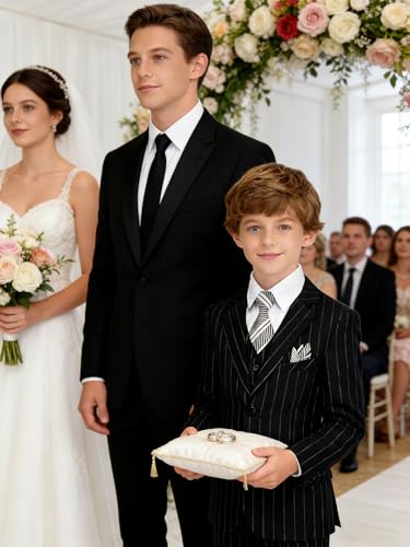 Image of Boy Suits Stripe Tuxedo Suit Set Complete Outfit Formal Wedding Party Wear Ring Bearer Outfit