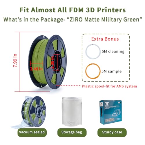 Image of ZIRO Matte PLA Filament 1.75mm, Pure Color No-Shine 3D Printer Filament, High Toughness 3D Printing Material, Dimensional Accuracy + /- 0.03mm, Military Green(Matte) | Fit for Most FDM 3D Printer, 1.75mm 1KG Spool, Dimensional Accuracy + /-0.03mm, Colorful PLA FilamenT