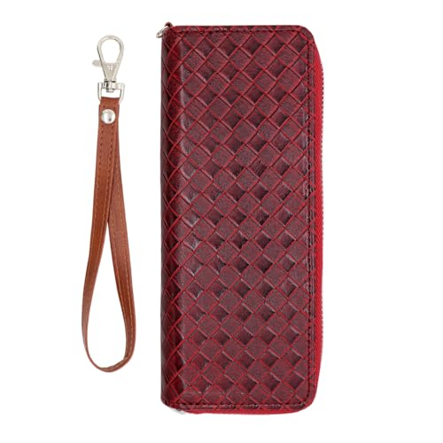 KAZARI プルームオーラ ケース Ploom aura カバー 財布型 編み柄 持ち運び便利 加熱式たばこ用 ヒートスティック ホルダー 充電ケーブル 綿棒 まとめて収納 ストラップ付き シガレットケース オシャレ シンプル (レッド)
