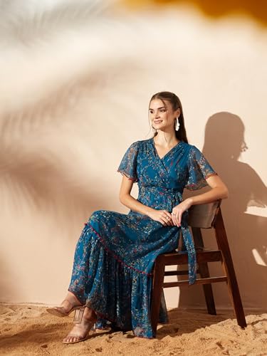 Image of Miss Chase Women's Floral V-Neck Flutter Sleeve Wrap Chiffon Maxi Dress