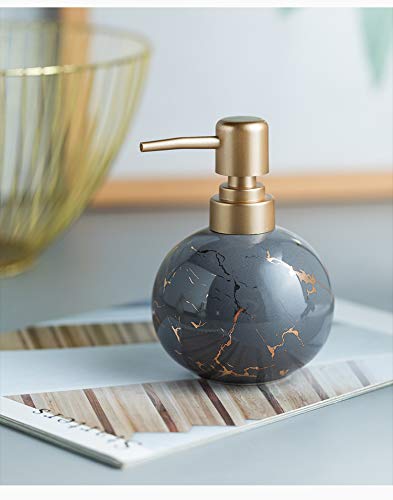 Image of Luxury Ceramic Soap Dispenser (Luxe Grey) - 350ml Round Modern Refillable Lotion Shampoo Handwash Bottle Matte Grey with Gold Marbling Premium Countertop Accessory for Bathroom, Kitchen & Wash Basin