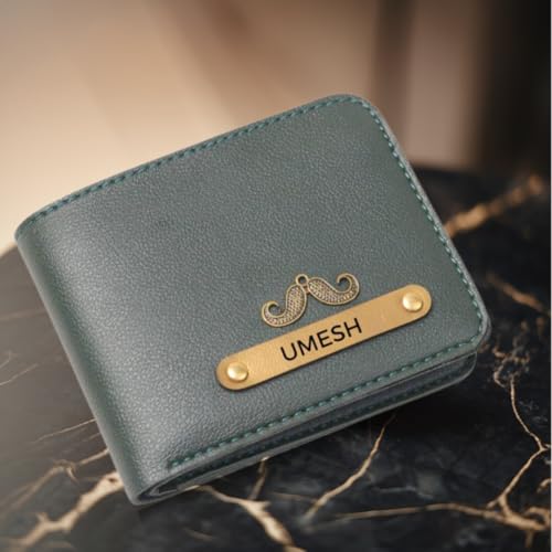 Image of ncgifts Men's Customized Wallet I Personalised Slim Stylish Leather Purse with Name & Charm I Unique Birthday Anniversary Gift for Men Boy Love Husband Employees Clients (Olive)