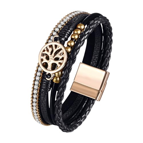 JewelryWe Lebensbaum Lederarmband Damen Wickelarmband: Schwarz Vintage Boho Baum des Lebens Strass Kugel Perlen Mehrreihig Leder Geflochten Armband Armreif mit Magnetverschluss