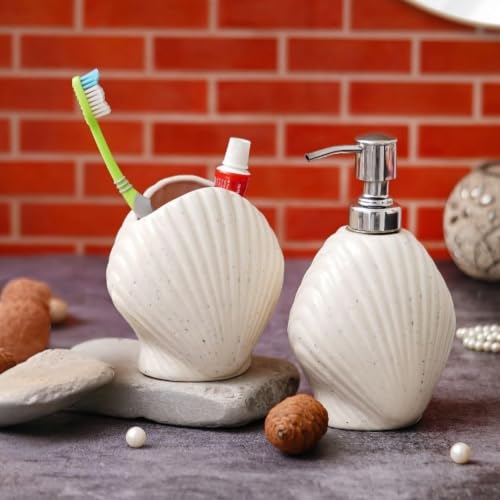 Image of Ceramic Bathroom Set of 2 | Soap Dispenser 300ml & Toothbrush Holder | White Shell Design | Luxury Bathroom Accessories | White