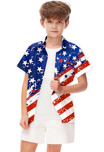 Image of Remimi Unisex Kids 4th of July Button Up Shirt Boys American Flag Print Hawaiian Beach Short Sleeve Tops 5-14 Years