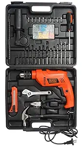 BLACK+DECKER HD555KMPR 550W 13mm Corded Hammer Drill Machine and Hand Tools Kit for Home & DIY Use (100-piece Accessories Kitbox) For Masonry, Brick & Wood, 1 Year Warranty, ORANGE & BLACK