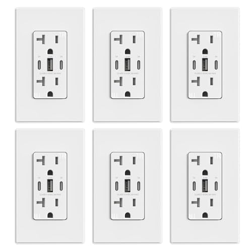 Image of ELEGRP USB Outlets, 30W 6.0 Amp USB C Outlets Receptacles, 3-Port USB Wall Outlet, 20 Amp Tamper-Resistant Outlet with 2 USB C Ports, UL Listed, Screwless Wall Plate Included, 6 Pack, Matte White