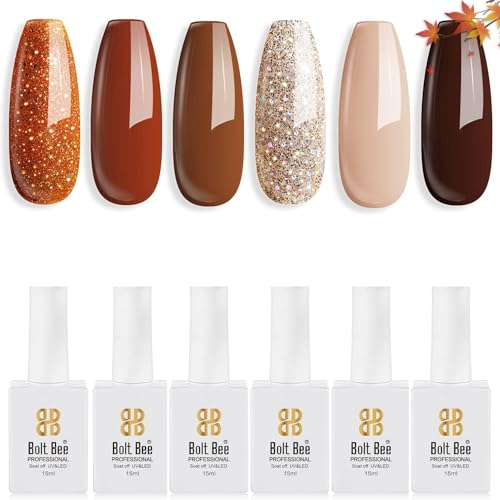 Image of DUDUSTRONG Bolt Bee Gel Glossy Finish Nail Polish Kit Gel Nail Polish Set, Fall Winter 6 Colors Gel Polish Kit Gold Glitter Brown For Women Mom (A1 A-Fall Queen (94+121+136+88+123+62)), 90 Ml